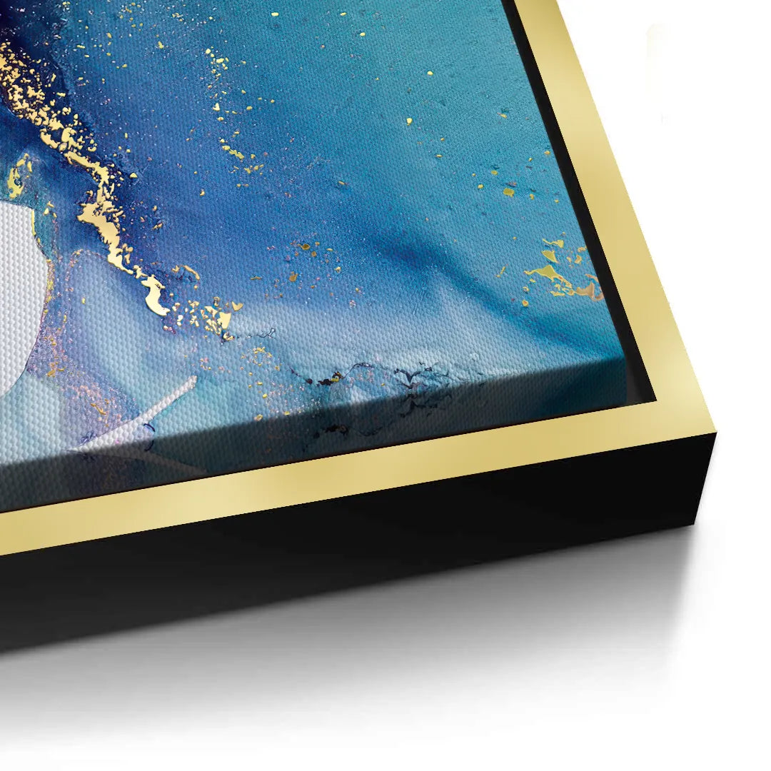 2Close-up corner of canvas print in gold frame with black side, deep blue, teal, and gold fluid art
