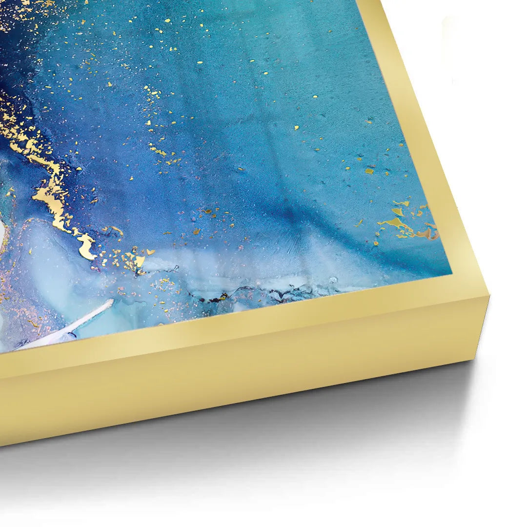 2Close-up corner of gold framed abstract fine art print, deep blue, teal, and gold fluid art
