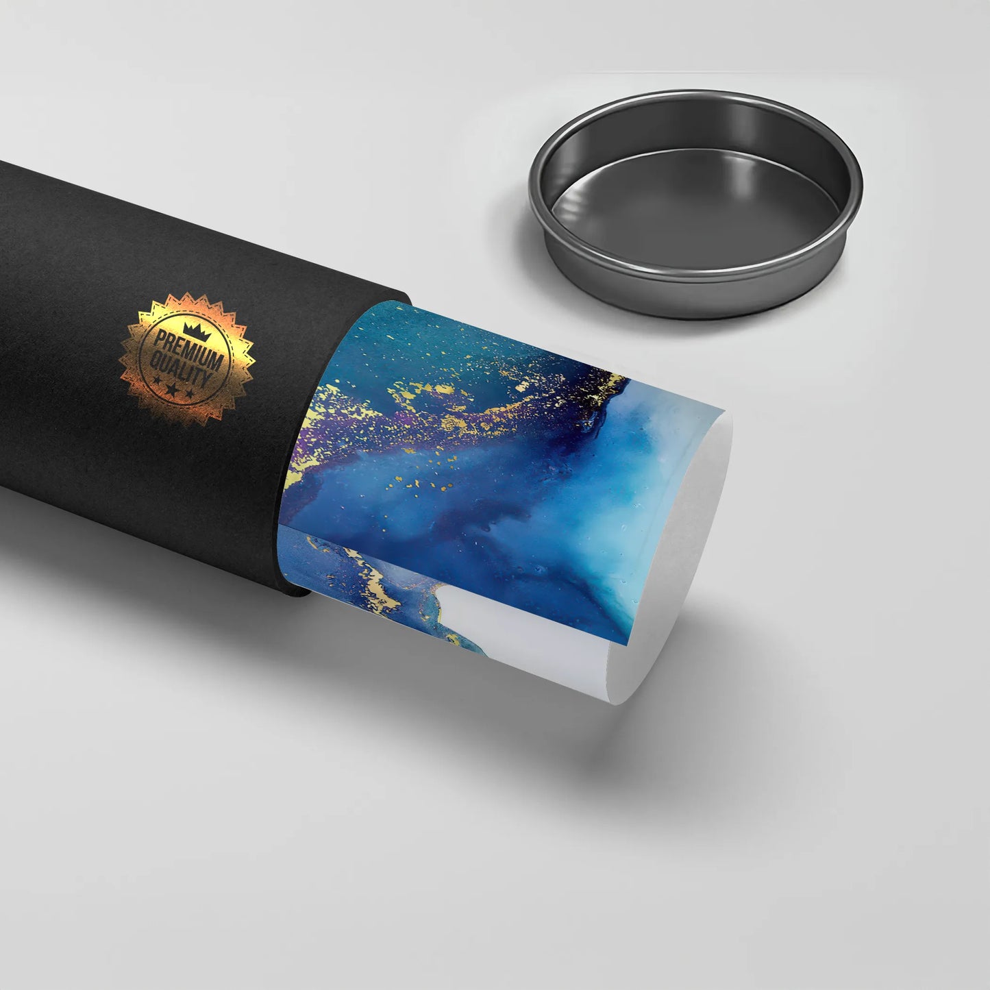 2Abstract ink poster print rolled in black "Premium Quality" tube, deep blue, teal, and gold marbling art material