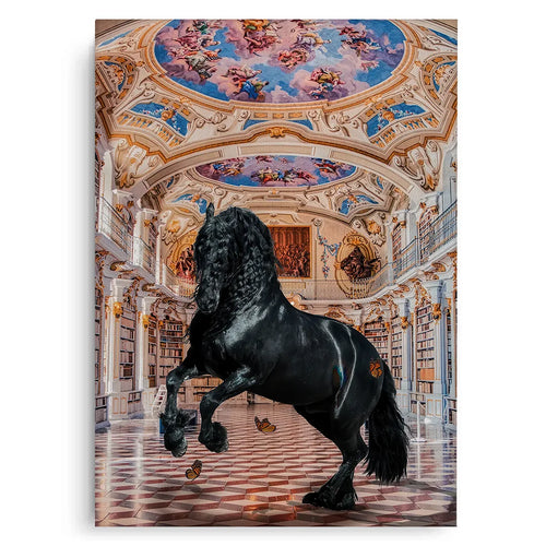 Black Friesian horse rearing on canvas print in ornate baroque palace hall