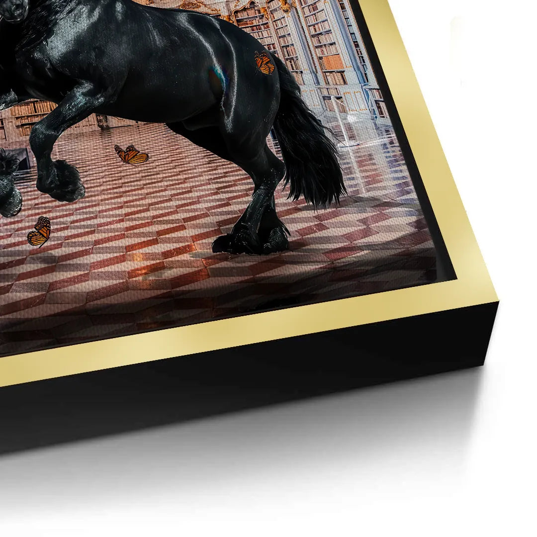 2Close-up side view of thick gold frame on stretched canvas art