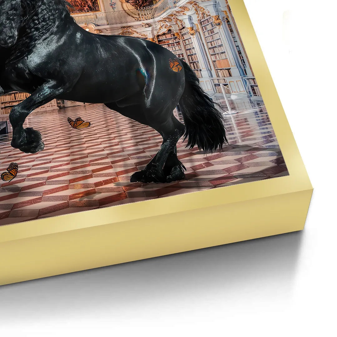 2Close-up side view of decorative gold frame on fine art print of black horse