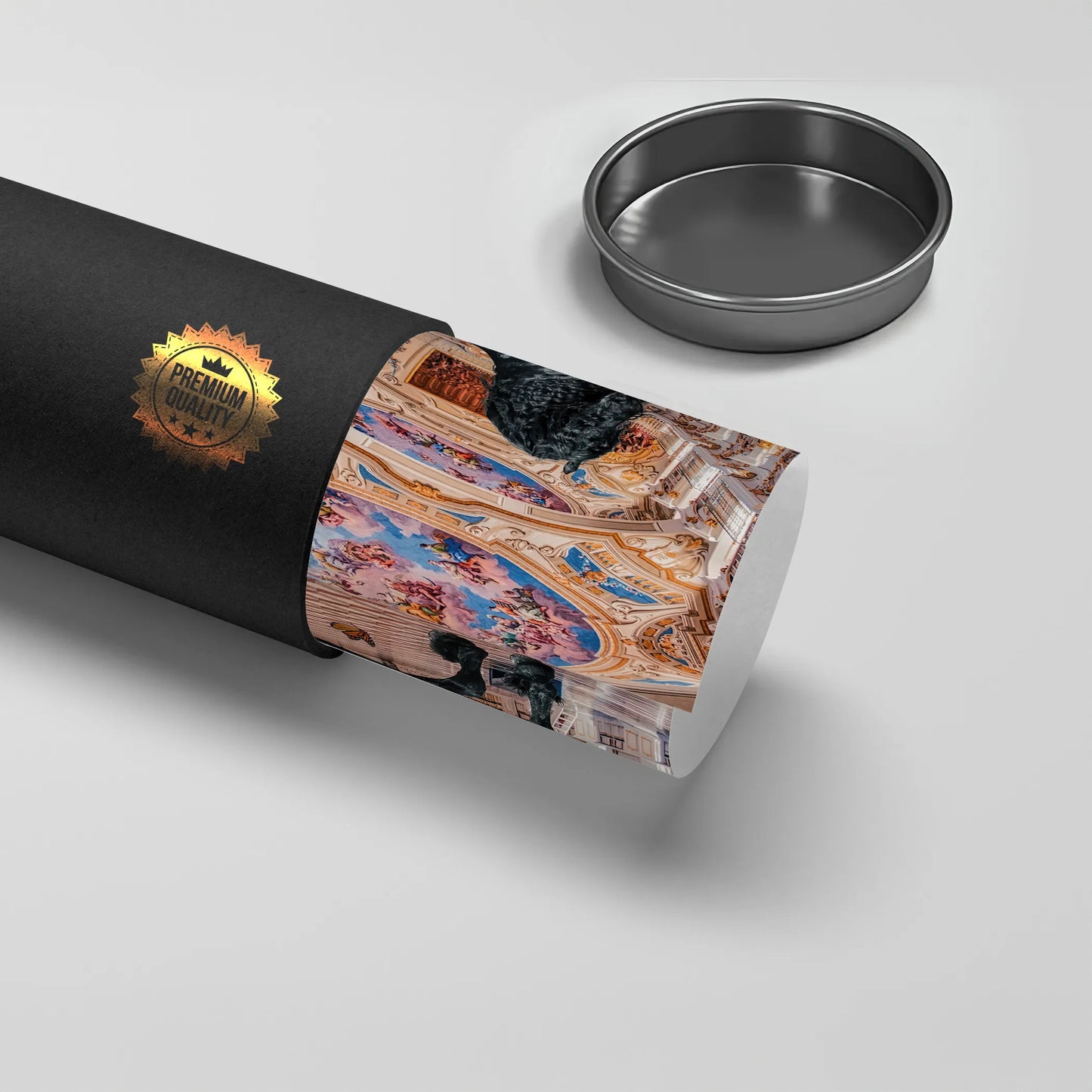 2Rolled black horse palace poster being removed from a black premium quality shipping tube.