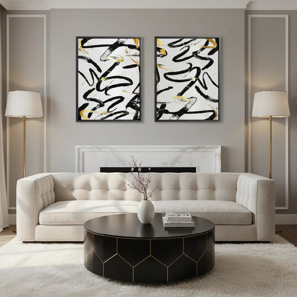 2Black and Gold Brush Strock Set of 2 - Canvas