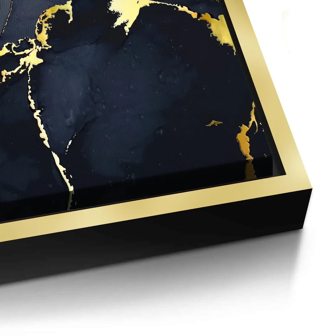 2Detailed corner close-up of a dark navy blue and gold abstract canvas art in a gold frame, emphasizing quality UAE Dubai.