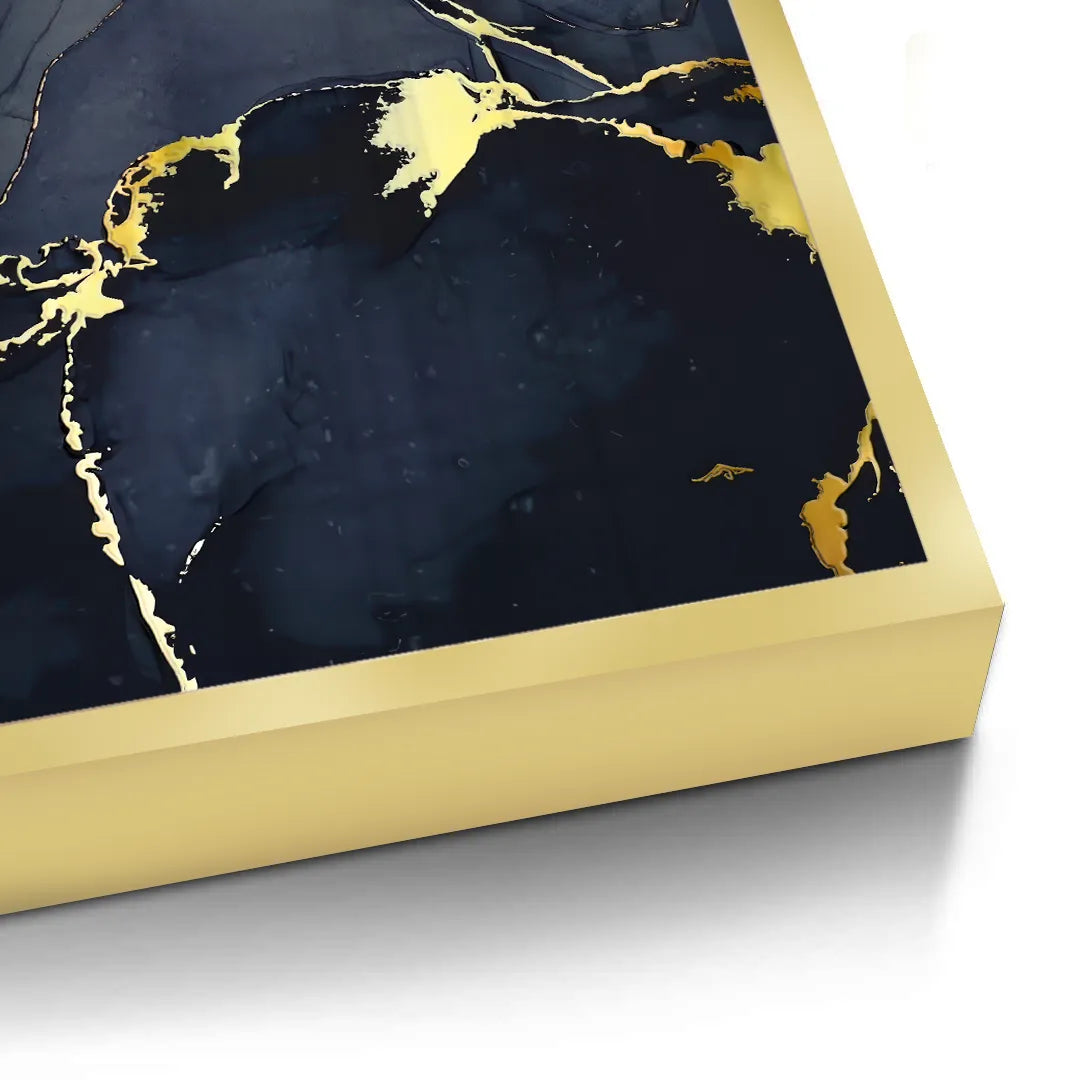 2Detailed close-up of a dark navy blue and gold abstract fine art print with a gold frame, accentuating the metallic sheen UAE Dubai.