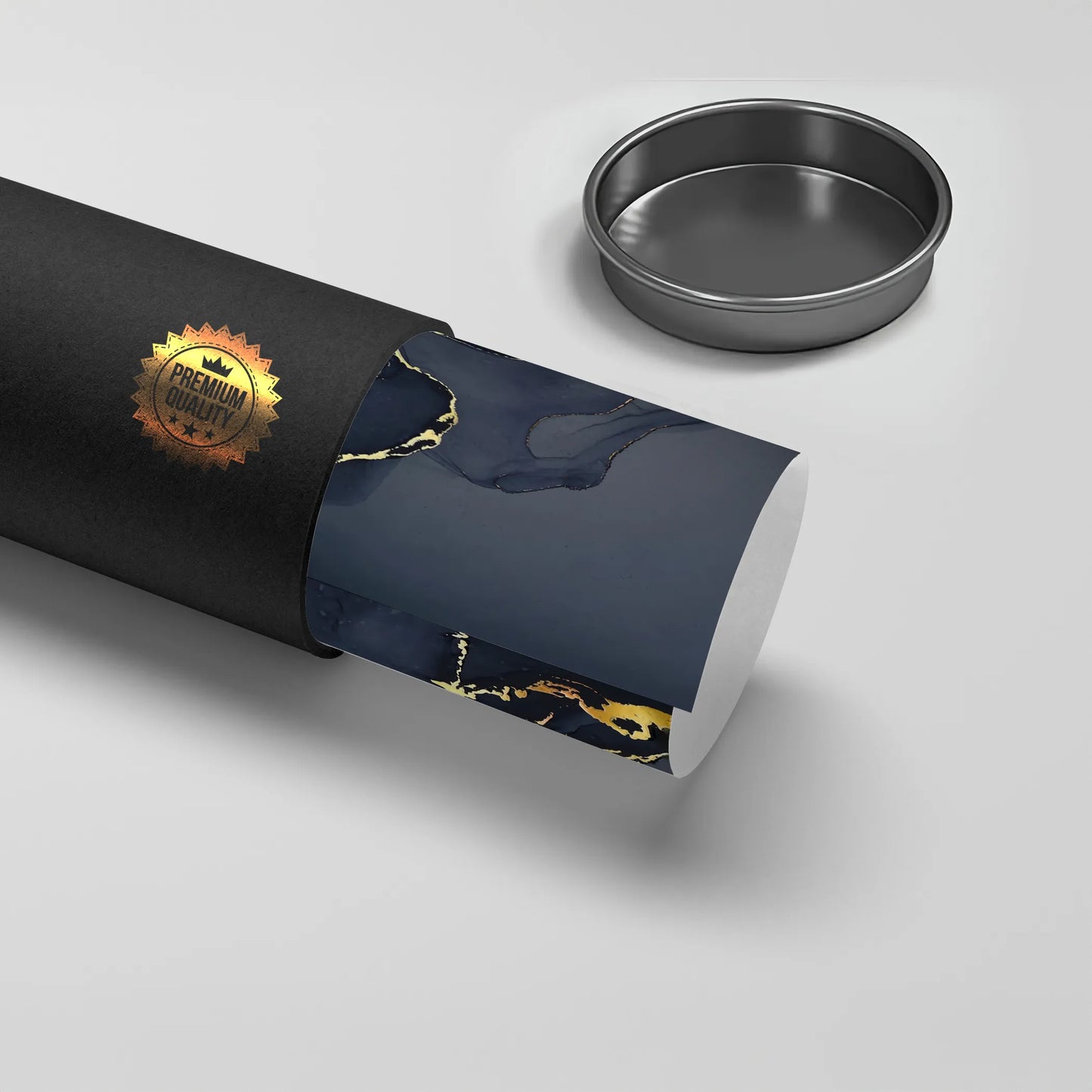 2Premium quality black tube packaging with dark navy blue and gold abstract marble poster rolled inside UAE Dubai.