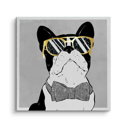 French Bulldog canvas print gold sunglasses and glitter bow tie unframed