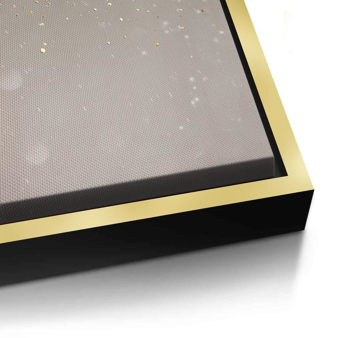 2Detailed corner close-up of a gold glitter sparkle ombre canvas art in a gold frame, emphasizing quality UAE Dubai.