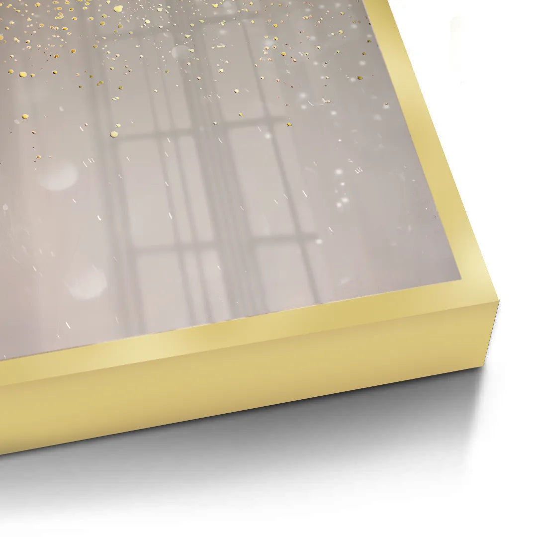 2Detailed close-up corner of a gold glitter sparkle ombre fine art print with a gold frame, accentuating the metallic sheen UAE Dubai.