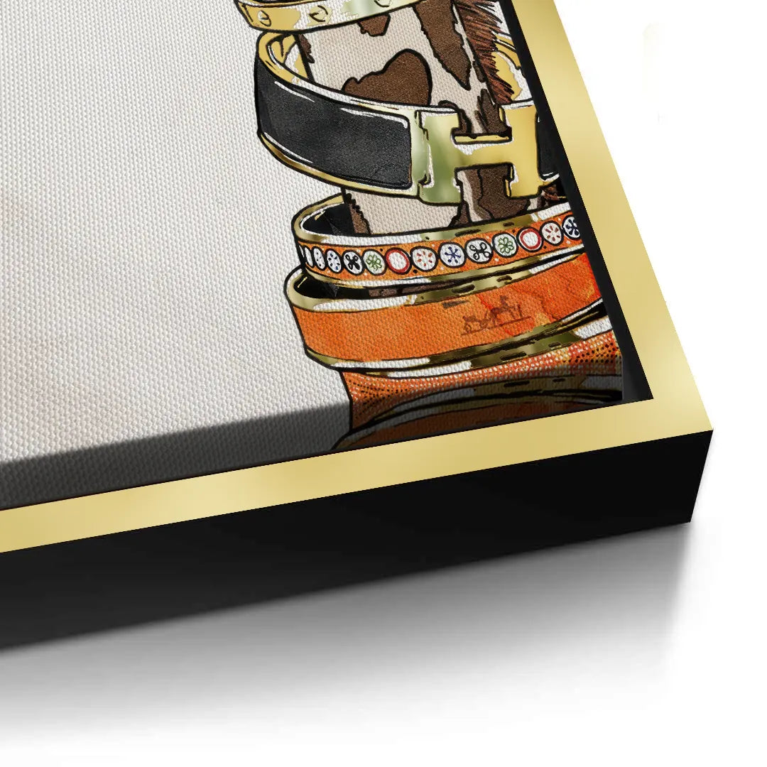 2Close-up detail of the gold picture frame edge around the fashion giraffe canvas art.