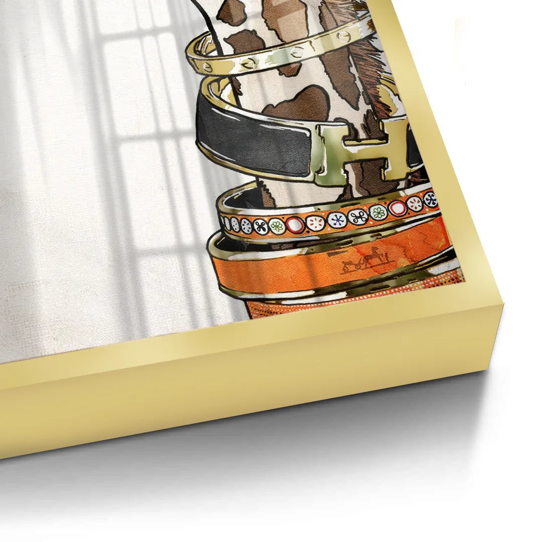 2Close-up detail of the gold frame edge around the fashion giraffe fine art print.