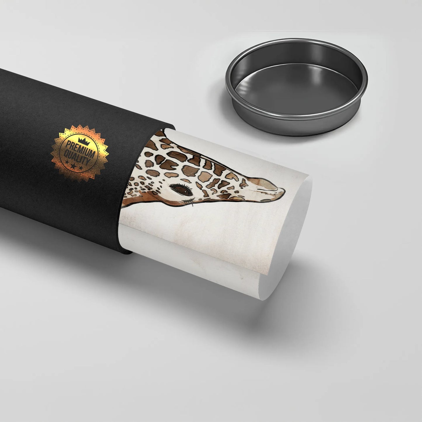 2Rolled fashion giraffe poster being taken out of a black 'Premium Quality' tube.
