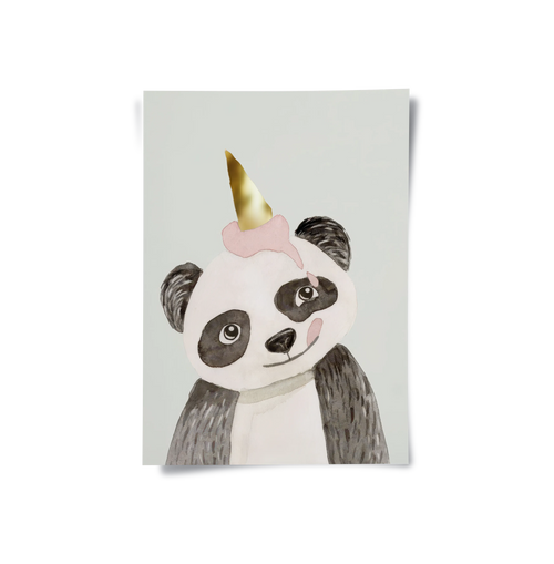 Cute Panda with Gold Unicorn - Poster