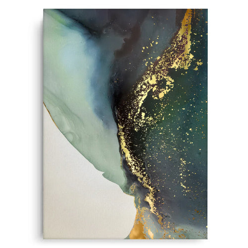 Abstract ink canvas print, dark green, blue, and gold marbling effect art, fluid art wall decor