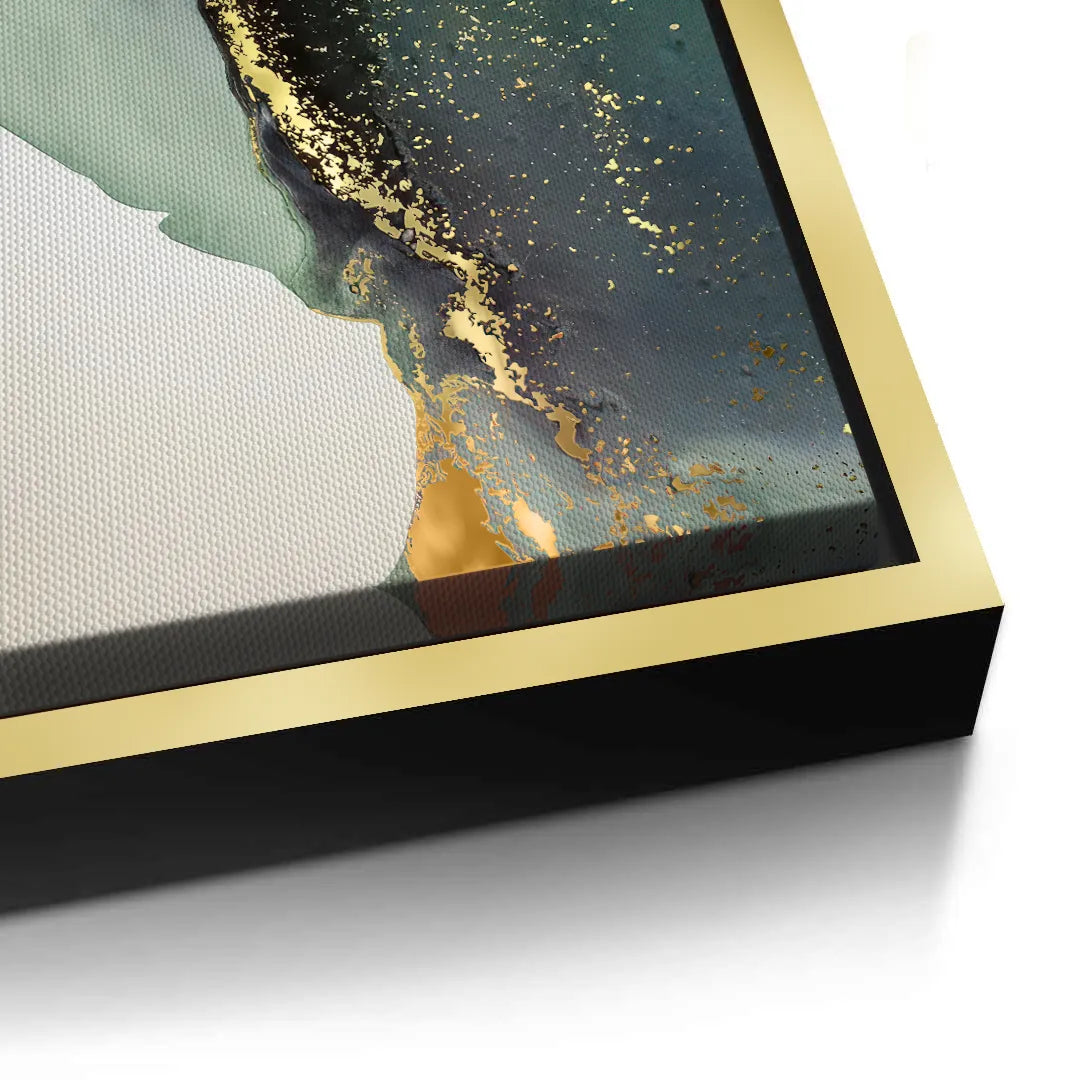 2Close-up corner of canvas print in gold box frame with black side, dark green and gold fluid art