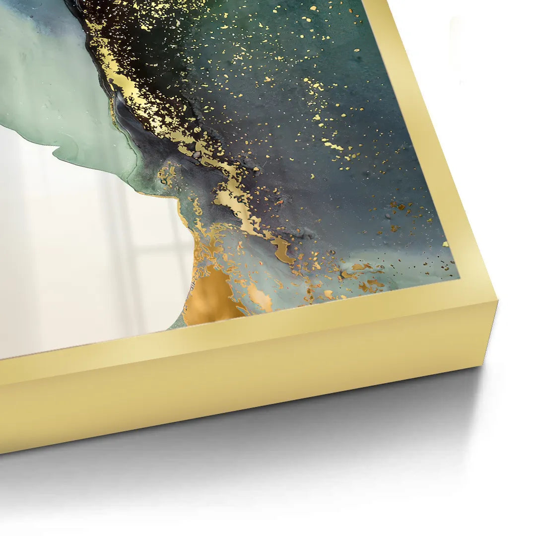 2Close-up corner of gold framed abstract fine art print, dark green, blue, and gold fluid art