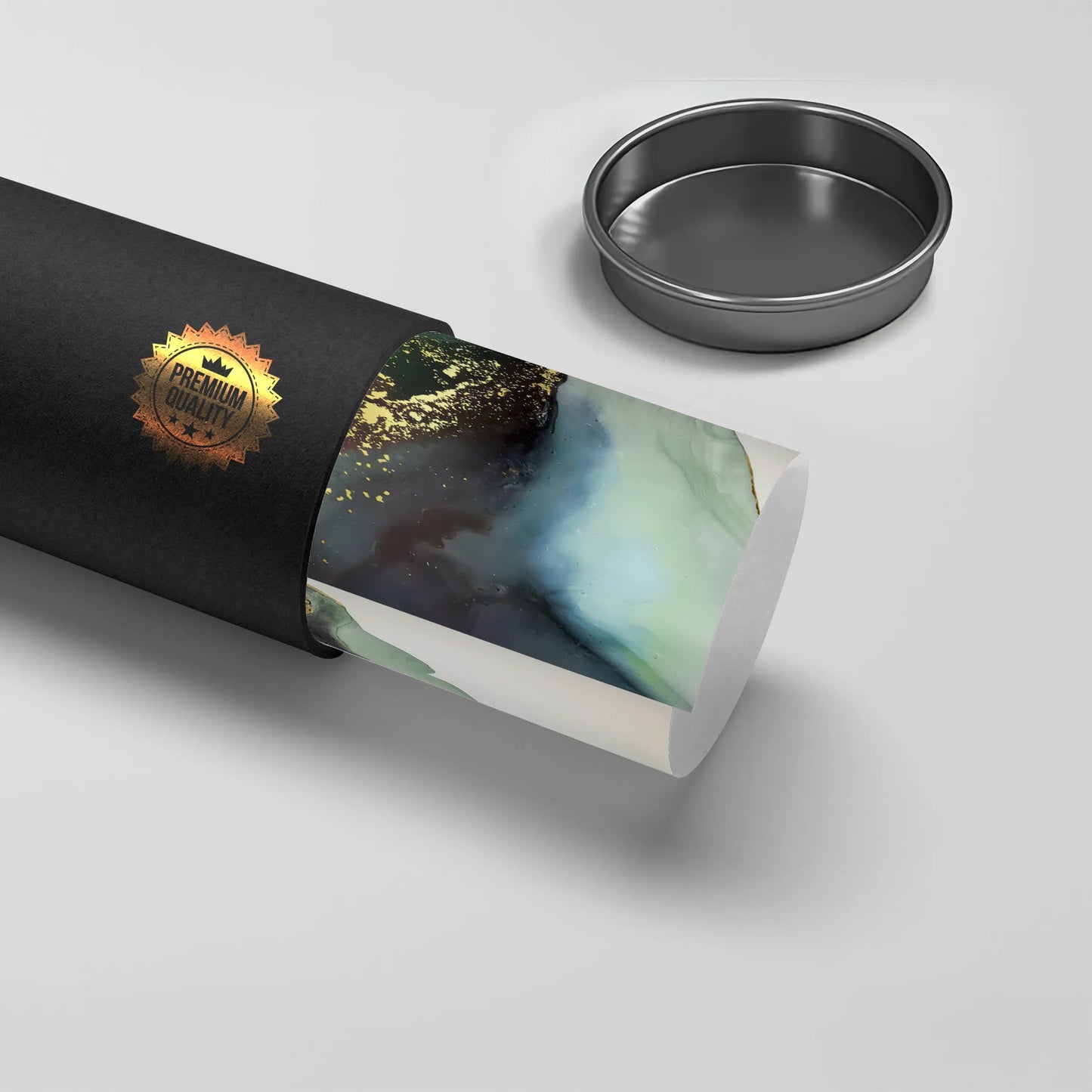 2Abstract ink poster print rolled in black "Premium Quality" tube, dark green and gold marbling art material