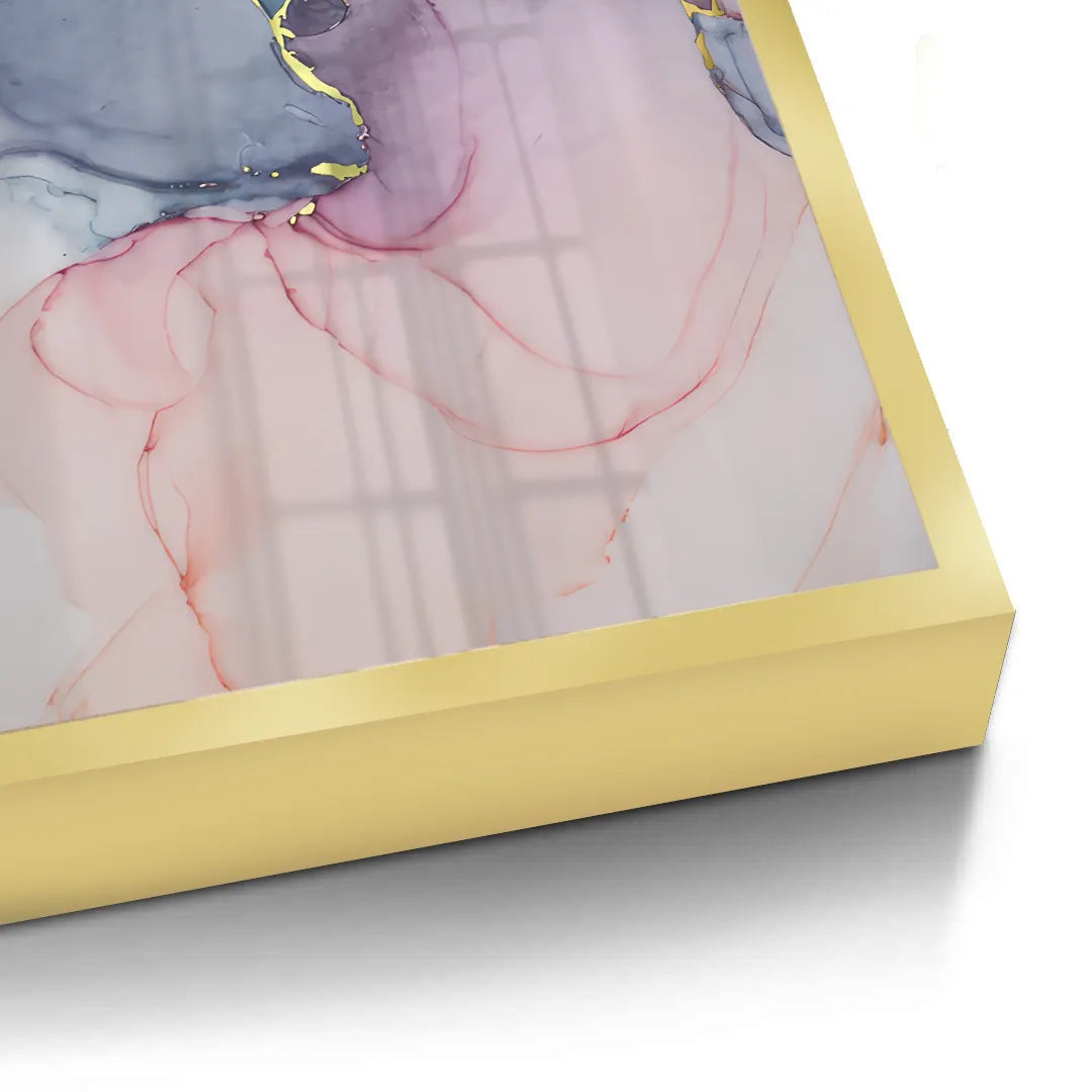 2Close-up corner of gold framed abstract fine art print, blue, pink, and gold fluid art