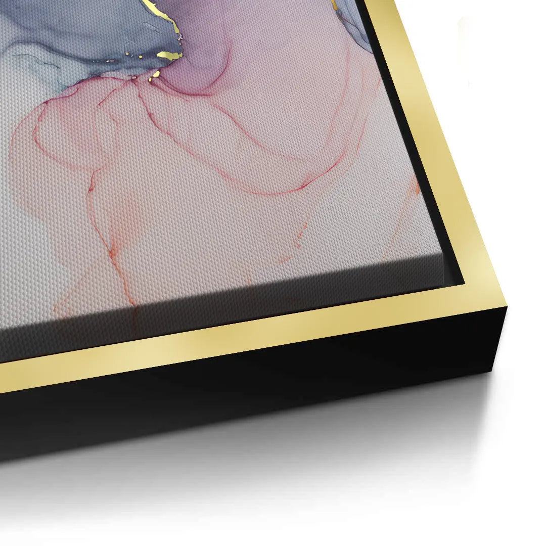 2Close-up corner of canvas print in gold box frame with black side, blue, pink, and gold fluid art