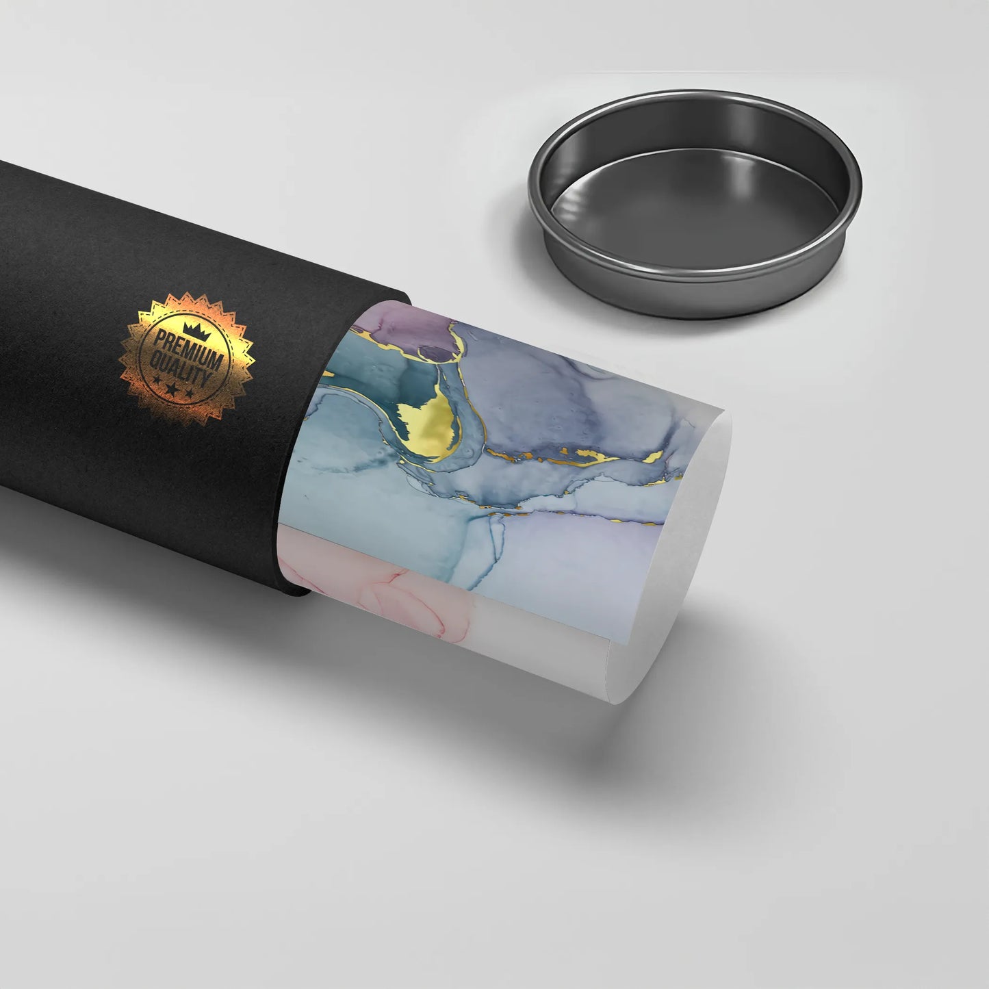 2Abstract ink poster print rolled in black "Premium Quality" tube, blue, pink, and gold marbling art material