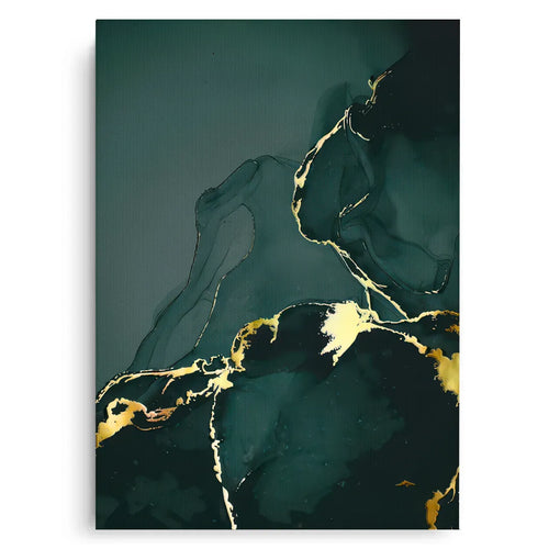 Dark green and gold abstract canvas art, featuring flowing golden lines on a rich emerald background.