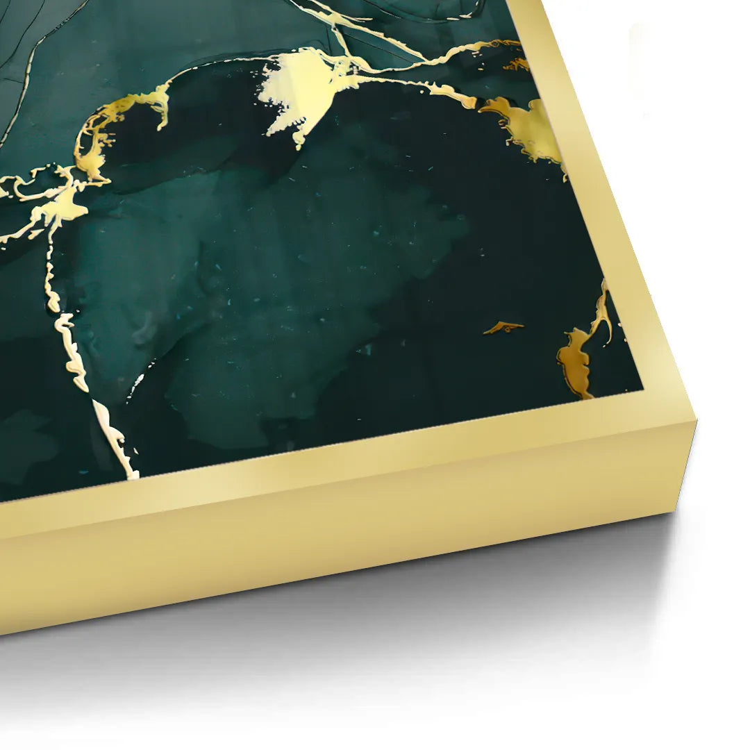 2Detailed close-up of a dark green and gold abstract fine art print with a gold frame, accentuating the metallic sheen.