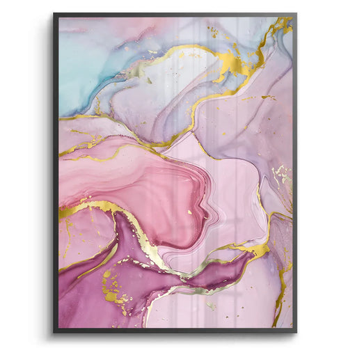 Abstract fine art print in black frame, pink, purple, blue, and gold marbling effect, fluid art canvas