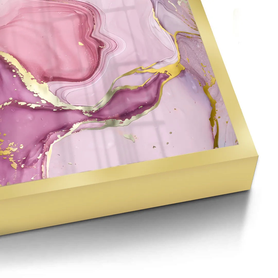 2Close-up corner of gold framed abstract fine art print, pink, purple, blue, and gold fluid art