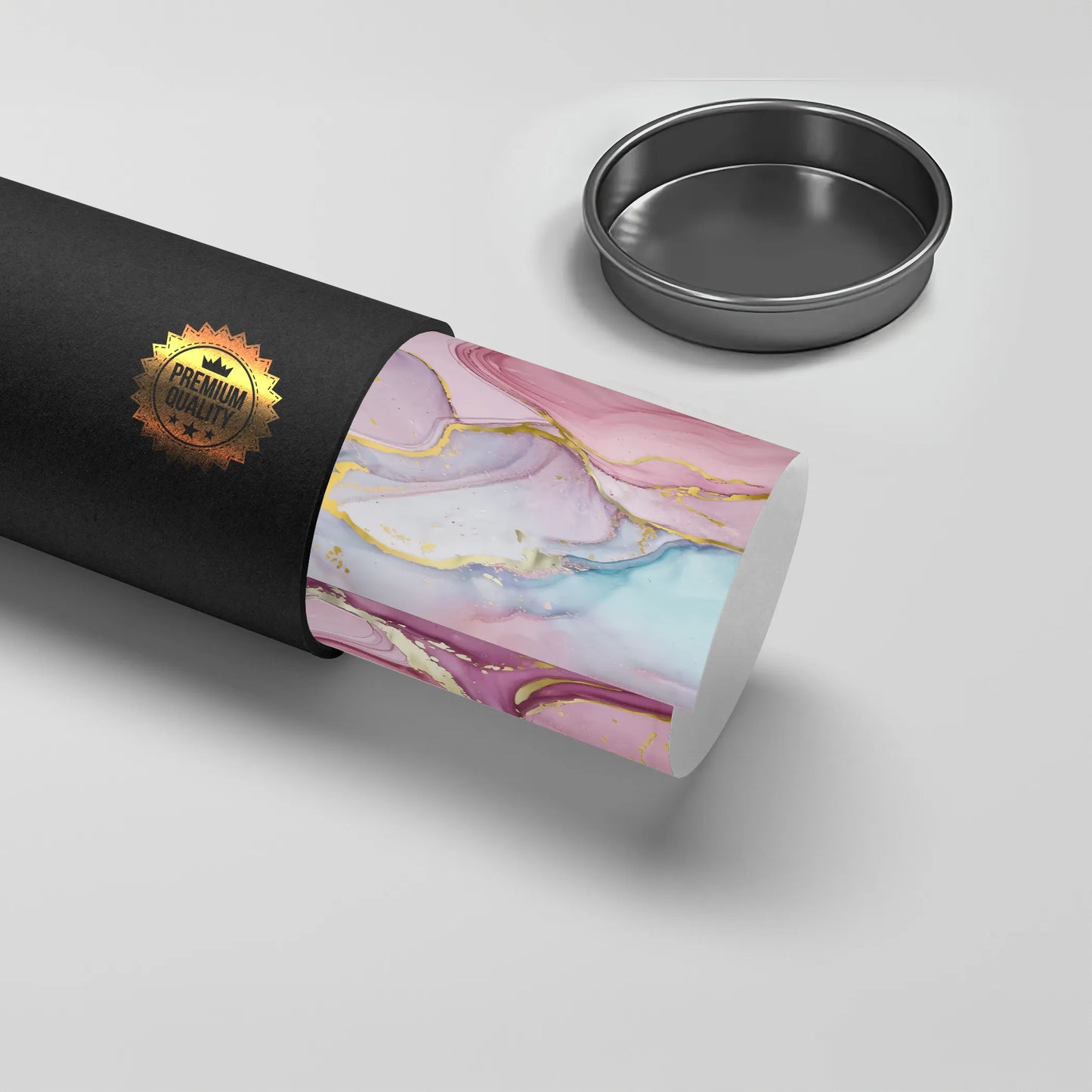 2Abstract ink poster print rolled in black "Premium Quality" tube, pink, purple, blue, and gold marbling art material