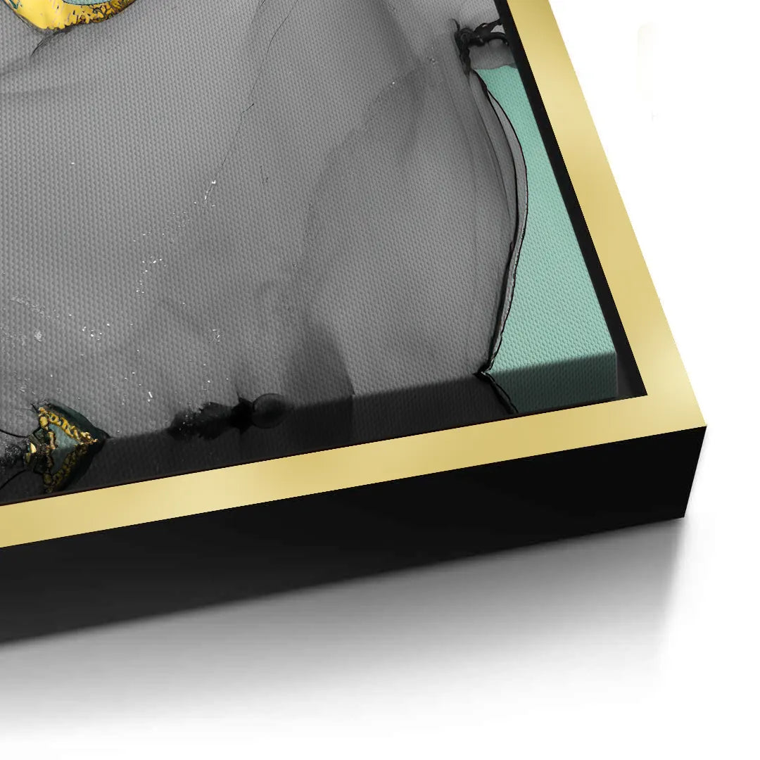 2Detailed corner close-up of the grey and gold abstract canvas print with a gold frame, emphasizing quality UAE Dubai.