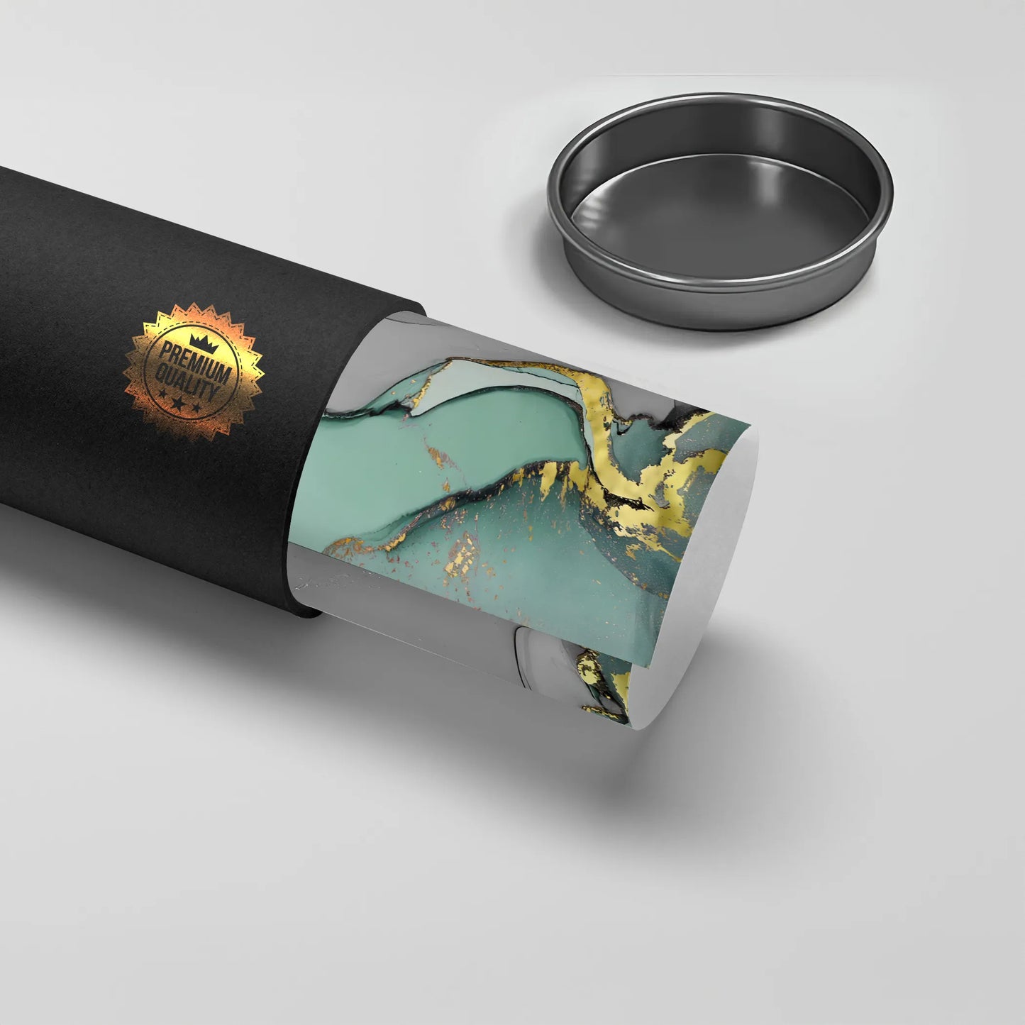 2Premium quality black tube packaging with a mint green, grey, and gold abstract marble poster rolled inside UAE Dubai.