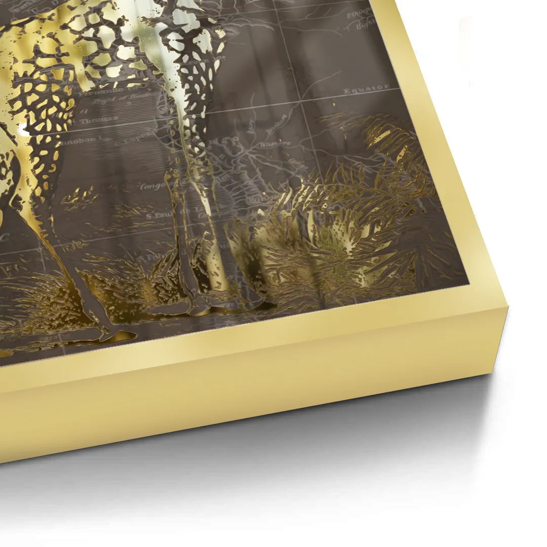 2Close-up detail of the gold frame edge around the giraffe fine art print.