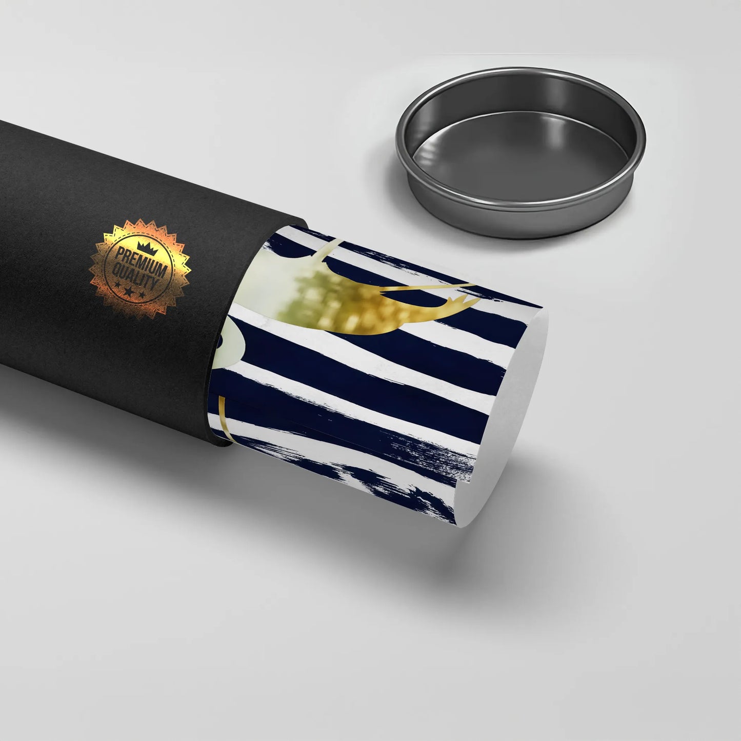 2Rolled gold flamingo poster being taken out of a black 'Premium Quality' tube.