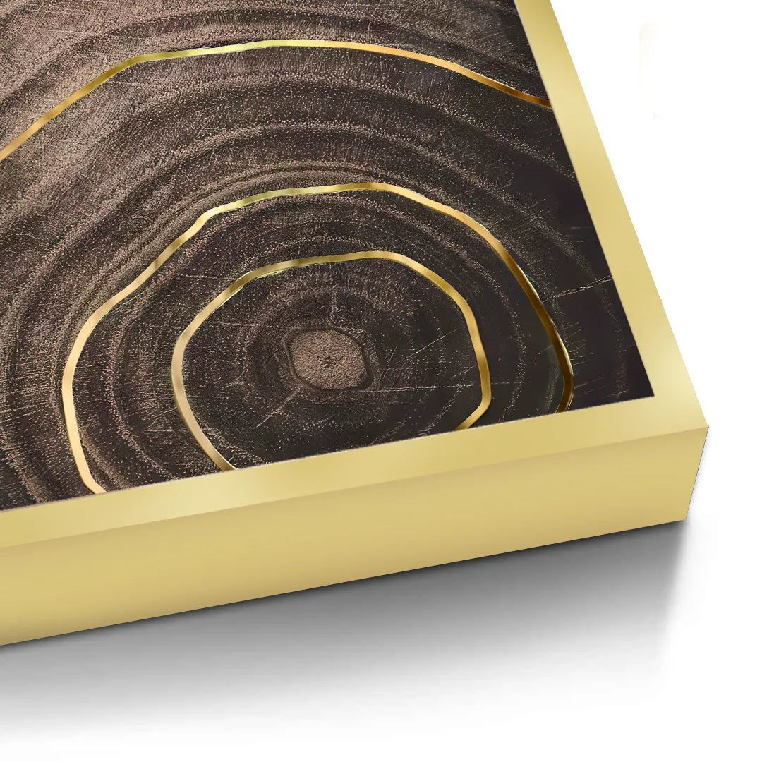 2Close-up detail of the gold frame edge around the abstract wood fine art print.