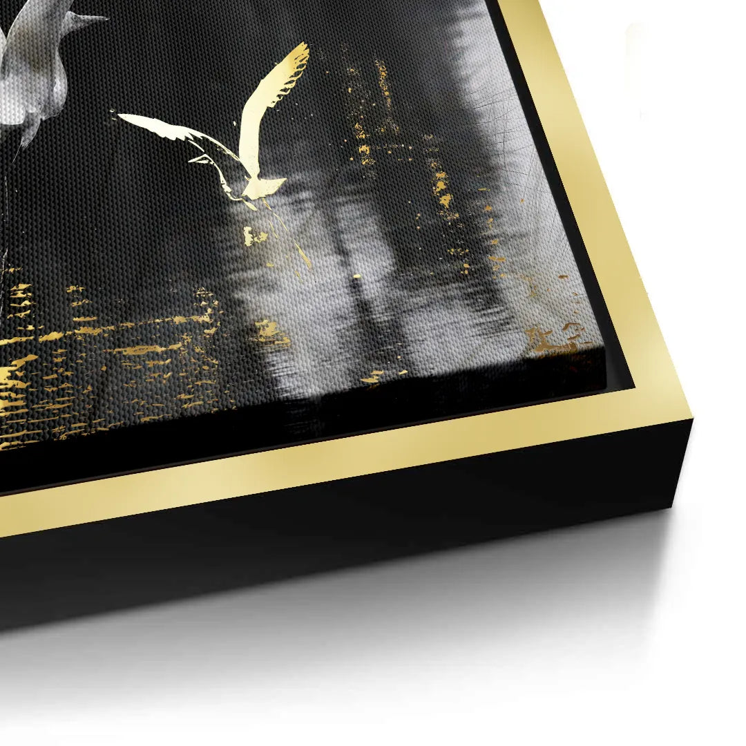 2Close-up of the thick gold frame and the detail of the abstract bird canvas print.