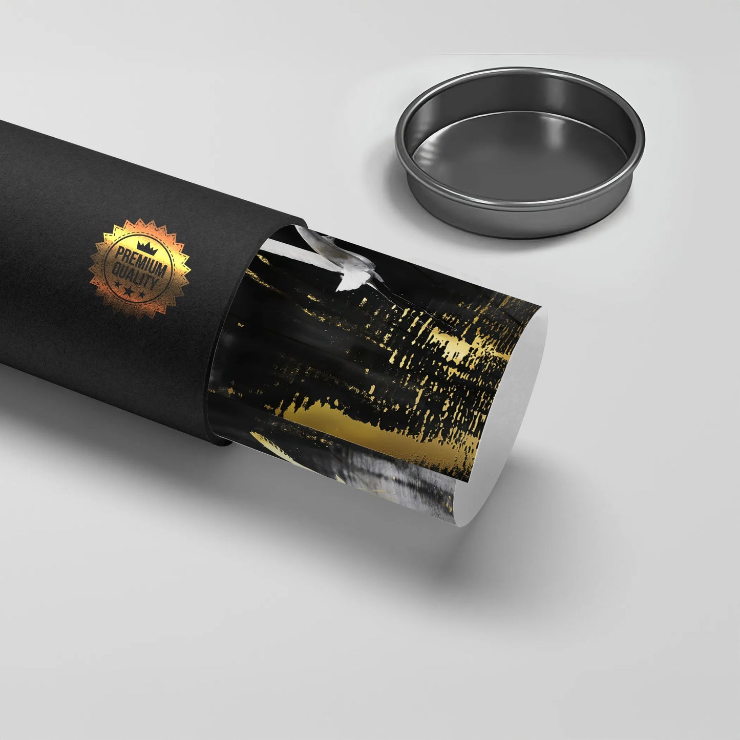 2Black poster tube with 'Premium Quality' seal, showing the rolled geometric golden hummingbird art poster.
