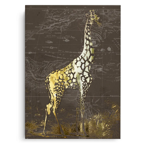 Full view of the gold and black giraffe canvas print with a vintage map background.