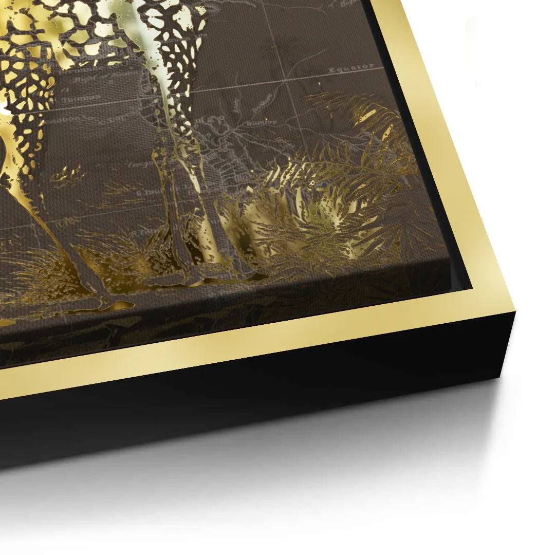2Close-up detail of the gold picture frame edge around the giraffe canvas art.