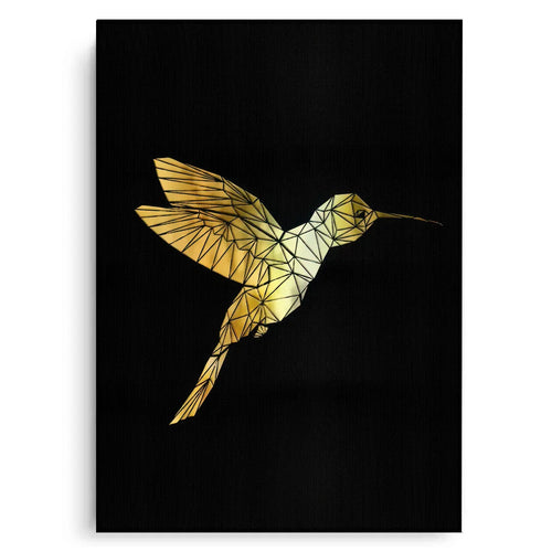 Gallery wrap canvas print with golden geometric hummingbird on black texture.