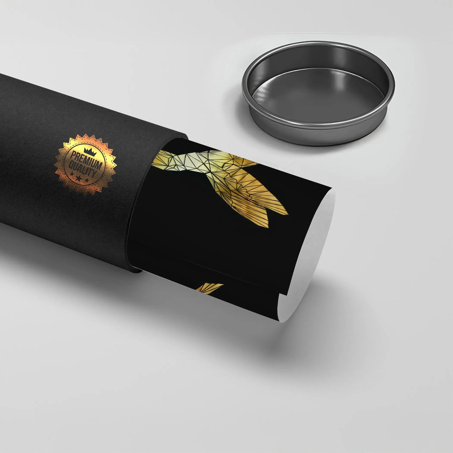 2Black poster shipping tube with 'Premium Quality' seal, showing rolled poster with golden hummingbird design.