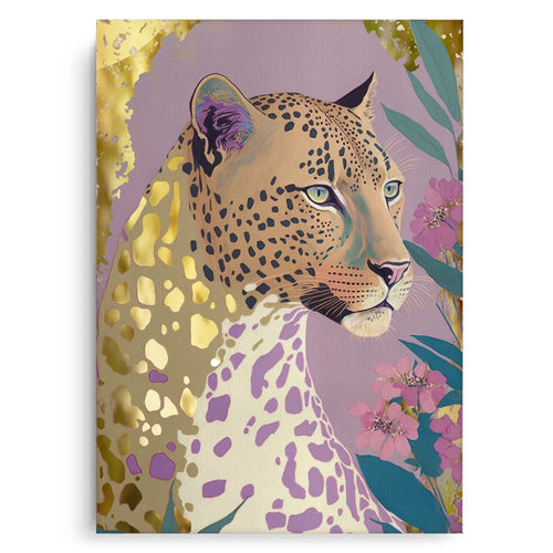 Full view of the glam leopard canvas art with gold metallic spots and purple and pink floral elements.