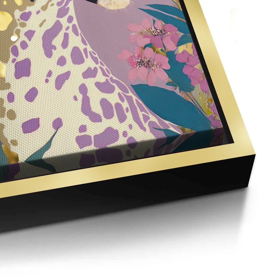 2Close-up detail of the gold picture frame edge around the glam leopard canvas art.