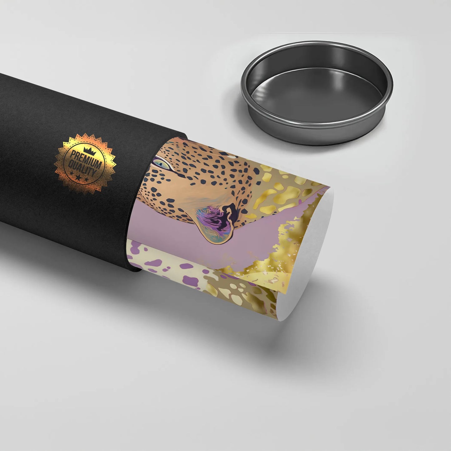 2Rolled gold leopard poster being taken out of a black 'Premium Quality' tube, poster material.