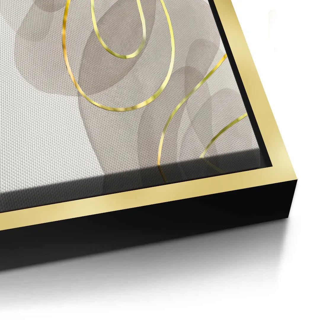 2Close-up corner of canvas print in black frame with black side, beige gray organic shapes, gold line art