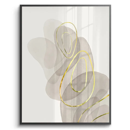 Abstract minimal fine art print in black frame, beige gray organic shapes, gold foil lines art