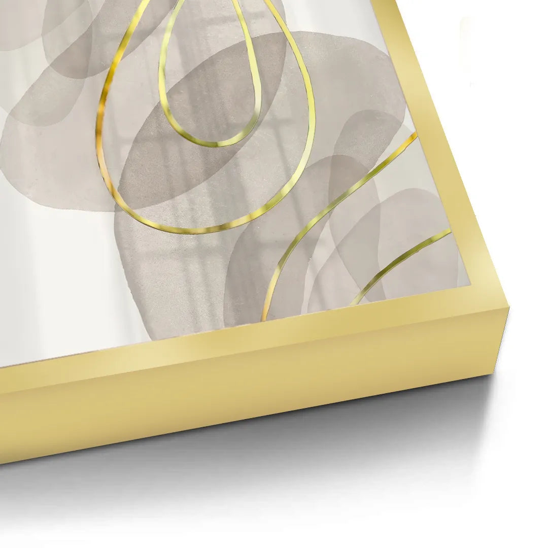 2Close-up corner of gold framed abstract fine art print, beige gray and gold lines