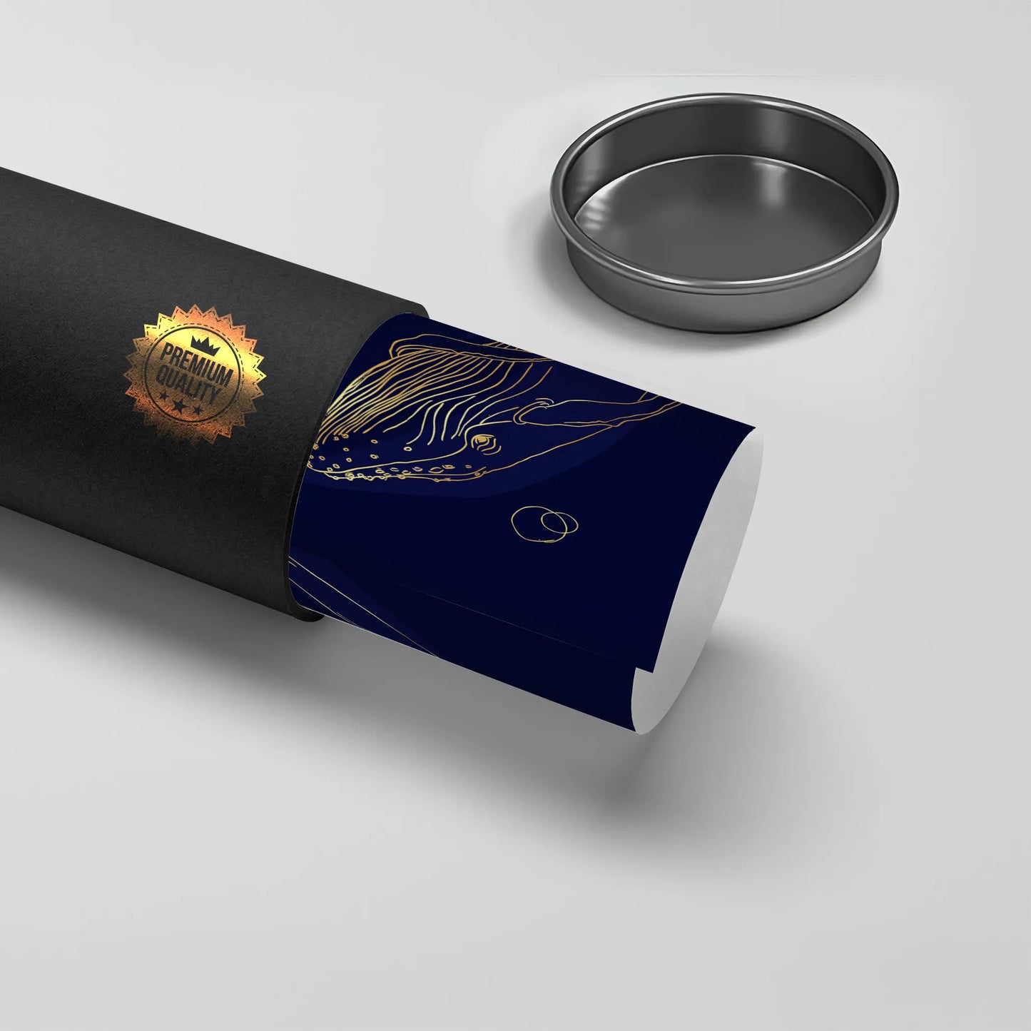 2Premium quality gold line art whale on a navy blue poster being unrolled from a black tube packaging.