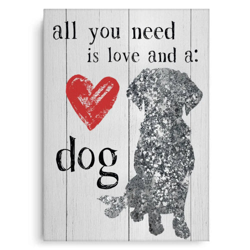 Full view of the love and a dog canvas art with a quote, red heart, and glitter silver dog silhouette on a white wood background.