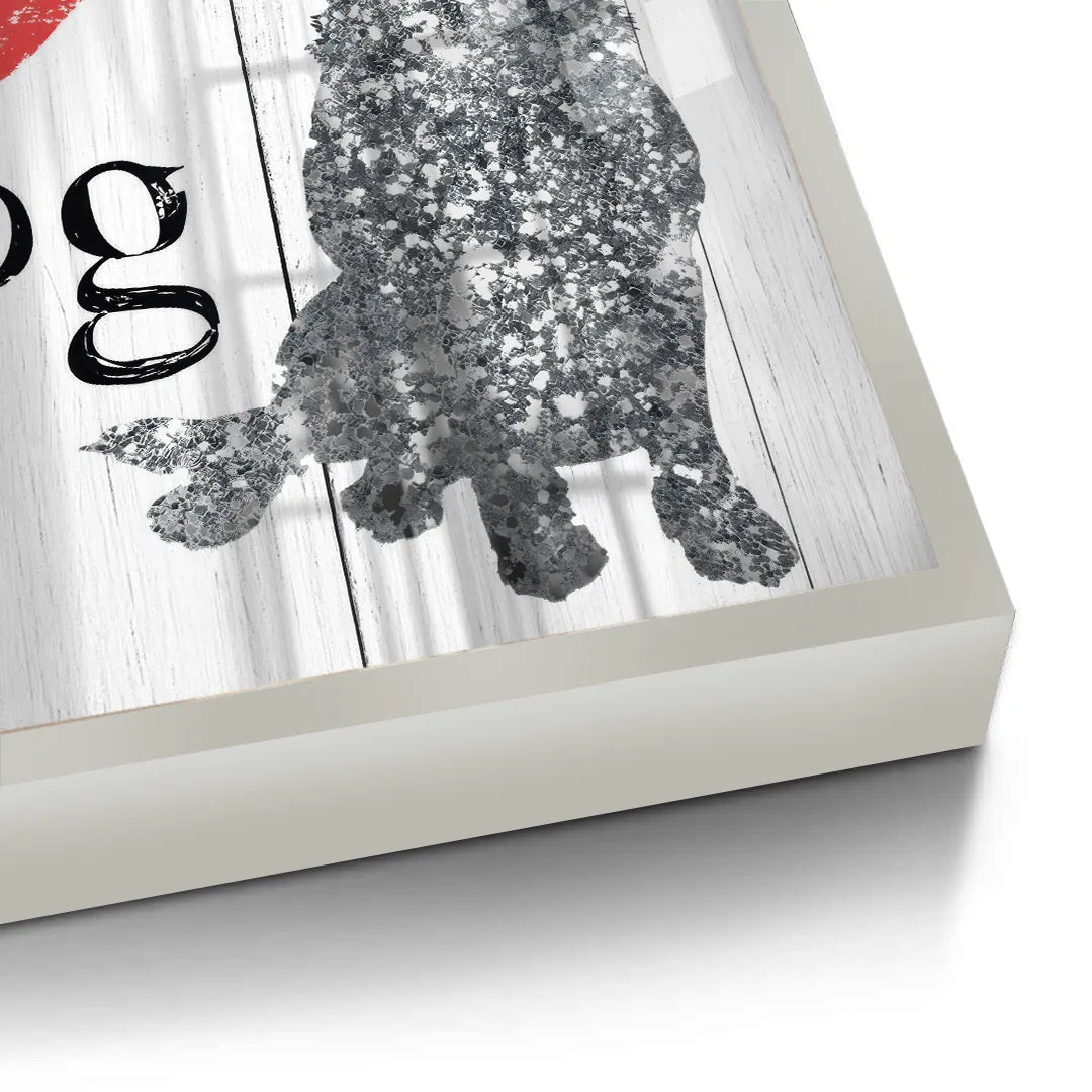 2Close-up detail of the white frame edge around the glitter dog fine art print.